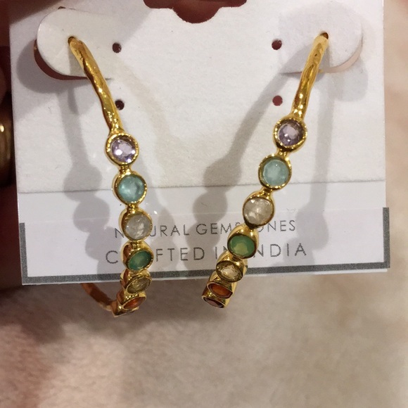 Shaanti Natural Gemstone Encrusted Hoop Earrings Gold Toned Alloy NWT 1.75” hoop - Picture 2 of 11